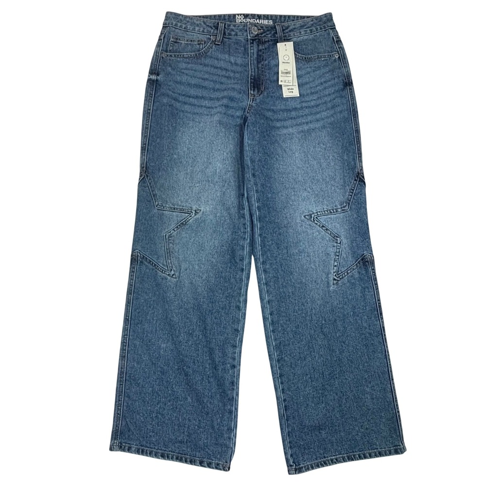 No Boundaries Star Jeans Medium Tint Wide Leg Mid-Rise Denim Blue Size 8 NWT